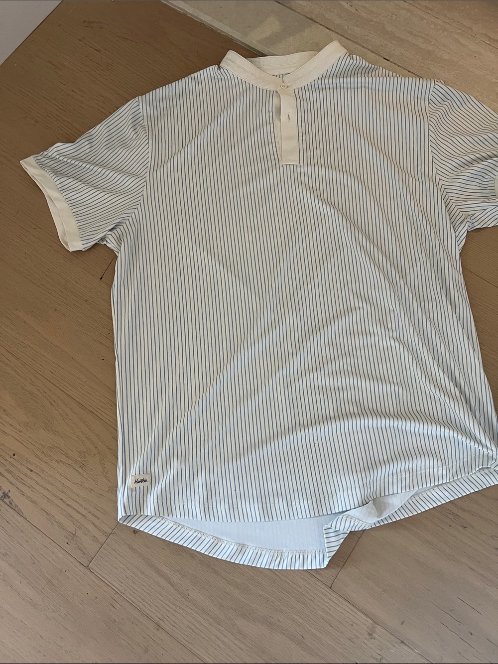 Men's Short-Sleeve Henley Tee in White with Light Blue Pinstripes